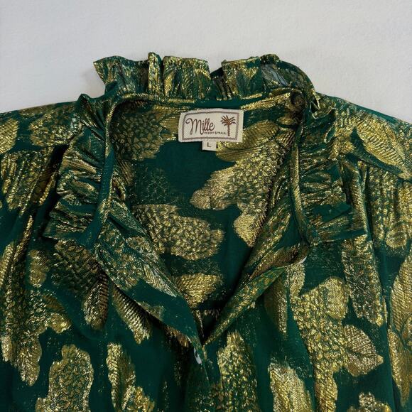 Mille Resort Travel Womens Blouse Green Gold L Silk Ruffle Mock Neck Sheer Party - Picture 4 of 12
